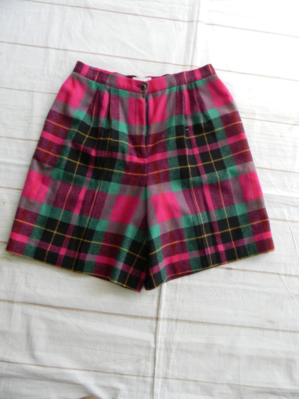 VTG WOOL BLEND PLAID WM'S SHORTS PINK/GREEN 15/16